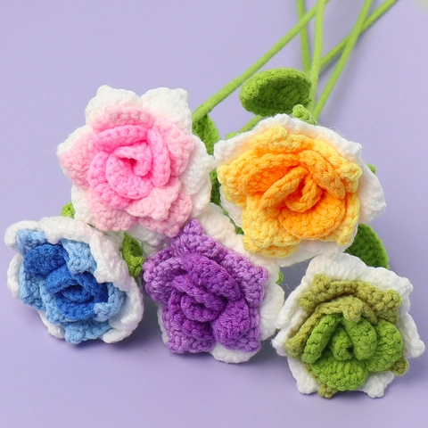 Handmade Crochet Rose Branch Artificial Yarn Knitted Flower For Home Decoration Wedding Gift Permanent Floral Ornament