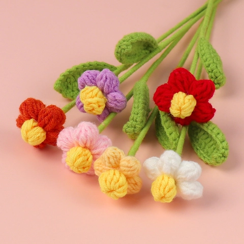 Tallo de Flor Puff de Ganchillo Hecho a Mano Con Hoja Verde Hilo de Algodón Tejido Flor Pequeña Para Decoración del Hogar Boda Regalo