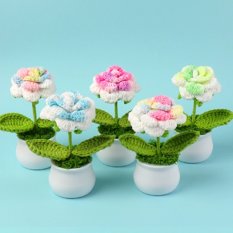 Rosa De Ganchillo Hecha A Mano En Maceta Flores Eternas Lana Tejida Decoración Escritorio Hogar Regalo Adorno Coche
