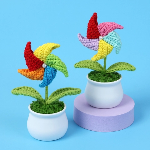 Handmade Crochet Windmill Artificial Plant Wool Yarn Flower Desktop Ornament Colorful With Ceramic Base Faux Artificial Pearl Gift