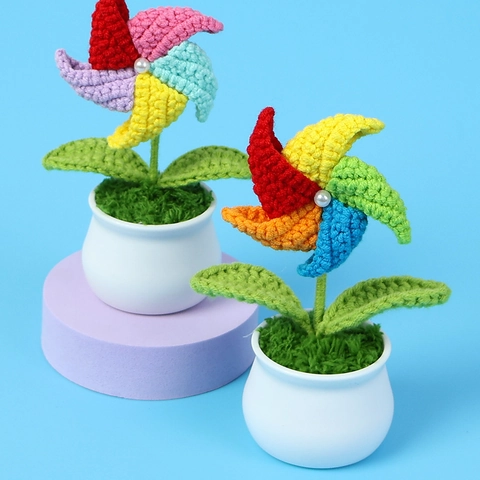 Handmade Crochet Windmill Artificial Plant Wool Yarn Flower Desktop Ornament Colorful With Ceramic Base Faux Artificial Pearl Gift