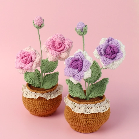 Handgehäkelte Rose Im Topf Gestrickte Garn Kunstblume Ornament Schreibtisch Dekoration Pastellfarben Dekor