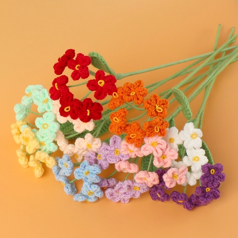 Crochet Forget Me Not Flower Bouquet Handmade Knitted Yarn Floral Desktop Decor Gift Home Ornament Pastel Color