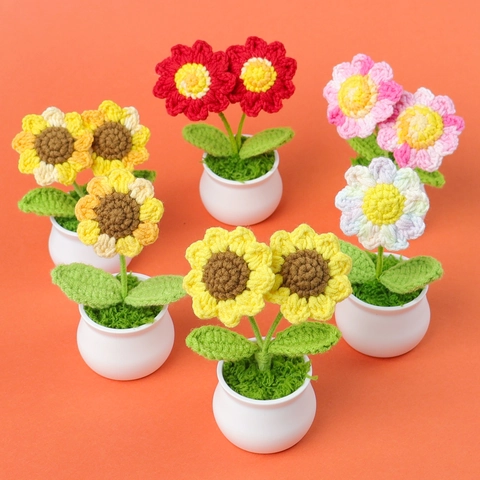 Handgemachte Gehäkelte Blumen Topfpflanze Strickgarn Sonnenblume Gänseblümchen Schreibtisch Dekor Auto Ornament Geschenk Süß