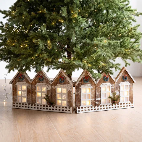 LED Wooden Christmas Tree Fence Surround Foldable Village House Shape Xmas Tree Skirt Decoration Holiday Ornament For Home