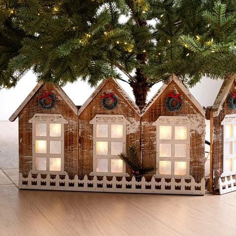 LED Wooden Christmas Tree Fence Surround Foldable Village House Shape Xmas Tree Skirt Decoration Holiday Ornament For Home