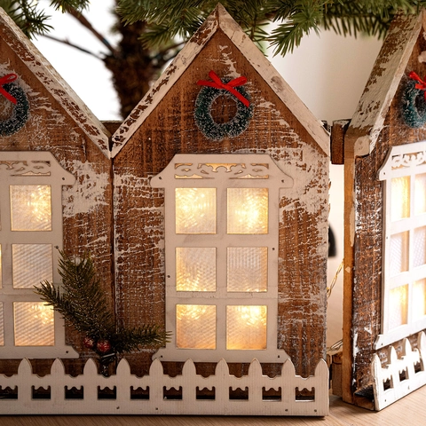 LED Wooden Christmas Tree Fence Surround Foldable Village House Shape Xmas Tree Skirt Decoration Holiday Ornament For Home