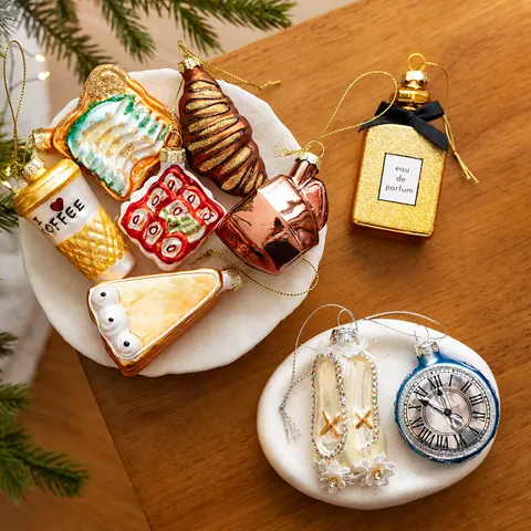 Handmade Glass Christmas Tree Ornaments Creative Food Shaped Hanging Assortment Coffee Cake Ballet Shoes Clock Perfume Festive Home Decor