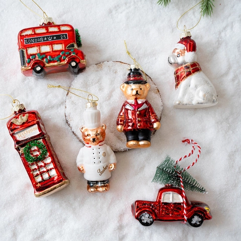 Hand Painted Glass Christmas Ornaments Teddy Bear Red Car Dog London Bus Telephone Booth Hanging Festive Tree Decor
