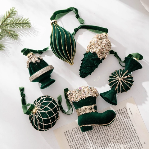 Set Addobbi Natalizi Velluto Floccato Decorazioni Albero Forme Varie Glitter Paillettes Lusso Decorazione Casa Festiva