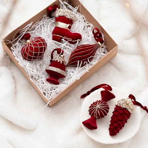 Luxe Gevlokt Fluweel Kerstboom Hangers Set Glitter Pailletten Multi Vorm Dennenappel Laars Feestelijke Decoraties
