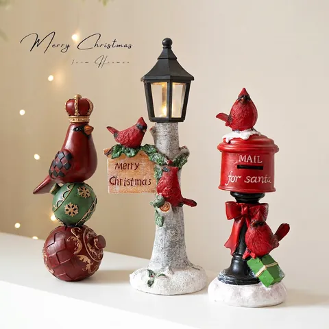Weihnachten Harz Kardinalvogel Ornamente Roter Briefkasten Straßenlaterne Figuren Festliche Desktop Feiertag Deko Europäischer Stil