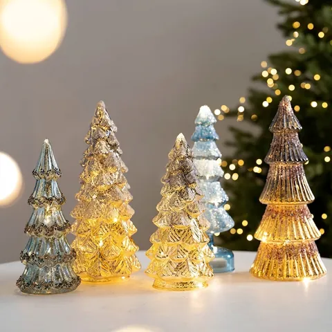Sapin de Noël en Verre Lumineux LED Ornement de Bureau Rotatif Flocon de Neige Or Argent Décoration de Table pour Maison