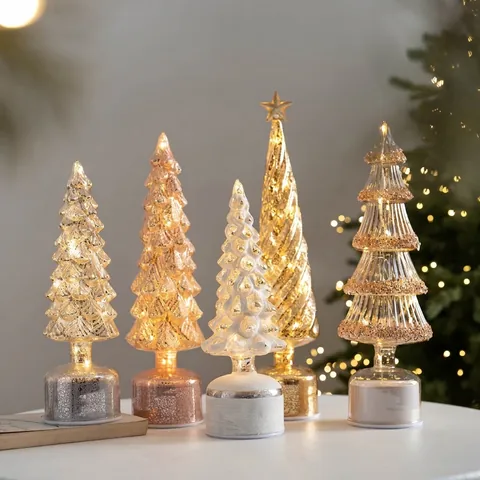 Sapin de Noël en Verre Lumineux LED Ornement de Bureau Rotatif Flocon de Neige Or Argent Décoration de Table pour Maison