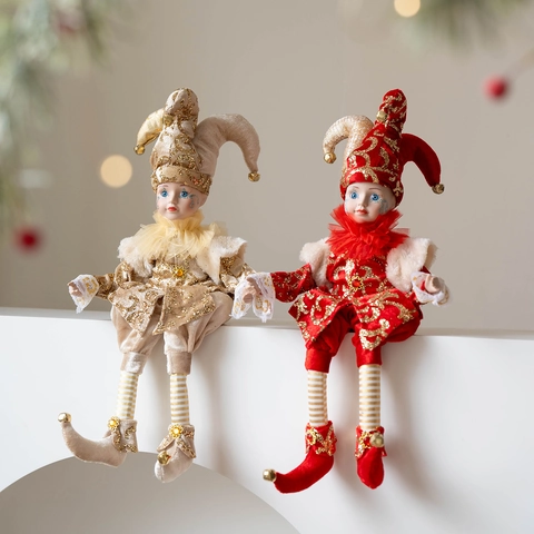 Bambola di Ceramica Vintage Jester Harlequin Ornamento di Natale Decorazione Desktop Con Campanelli Velluto Paillettes Regalo