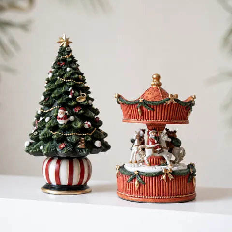Christmas Music Box Resin Rotating Carousel Santa Claus Train Tree Mechanical Musical Ornament Vintage Festival Home Decor Gift