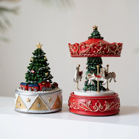 Christmas Music Box Resin Rotating Carousel Santa Claus Train Tree Mechanical Musical Ornament Vintage Festival Home Decor Gift