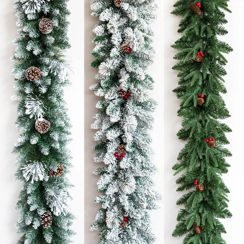 Artificial Christmas Garland With Snow Flocking Pinecones Berries Green PVC PE Rattan For Staircase Home Decor