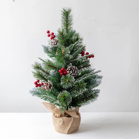 Snow Flocked Artificial Christmas Tree With Red Berries Pinecones PE PVC Desktop Xmas Tree For Home Office Holiday Decor
