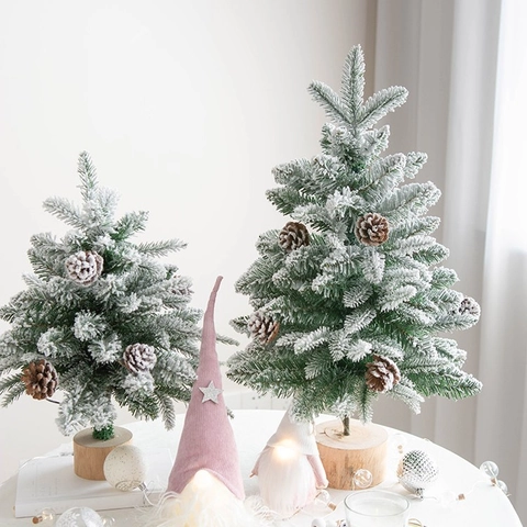 Mini Christmas Tree Artificial Flocked Snow With Pine Cones Wood Base Desktop Ornament Winter Holiday Home Decor