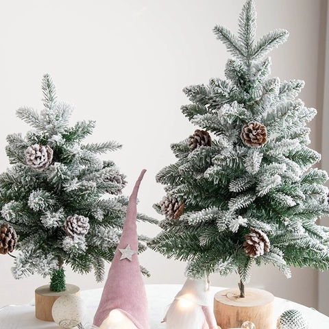 Mini Christmas Tree Artificial Flocked Snow With Pine Cones Wood Base Desktop Ornament Winter Holiday Home Decor