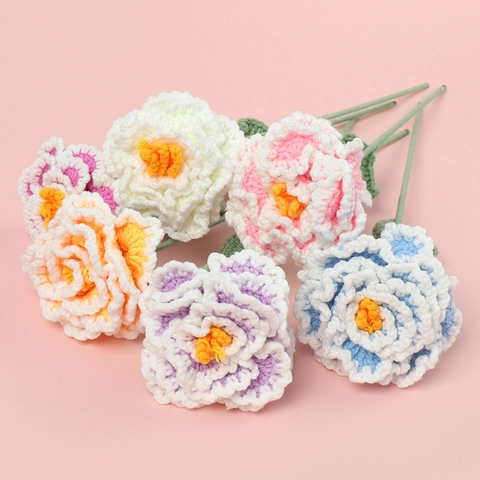 Handmade Crochet Peony Artificial Flower Branch Yarn Knitted Gradient Bouquet For Home Living Room Bedroom Decor Gift