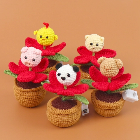 Pianta In Vaso Di Animali All'uncinetto In Filato Fatta A Mano Luce Notturna LED Decorazione Da Scrivania Luminosa Kawaii Amigurumi Panda Orso Regalo