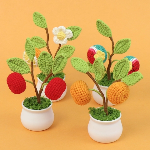 Piante Da Frutto In Vaso Fatte A Mano All Uncinetto Lana Maglia Mini Ornamenti Da Scrivania Fiori Artificiali Estetica