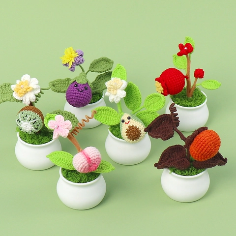 Handmade Crochet Knitted Yarn Potted Plant Artificial Fruit Flower Desktop Decor Ornament Creative Gift Home Office