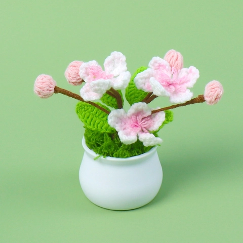 Handmade Crochet Peach Blossom Potted Plant Yarn Knitted Artificial Flower Desktop Decor Home Office Ornament Gift
