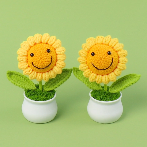 Handgebreide Glimlach Zonnebloem Potplant Gehaakt Wollen Garen Kunstbloem Bureau Ornament Voor Afstuderen Huis Kantoor Decoratie Cadeau