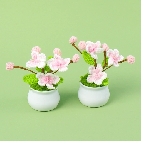 Handmade Crochet Peach Blossom Potted Plant Yarn Knitted Artificial Flower Desktop Decor Home Office Ornament Gift