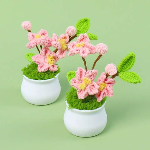 Handmade Crochet Cherry Blossom Potted Plant Artificial Yarn Flower Bonsai For Home Office Desk Decor Aesthetic Gift