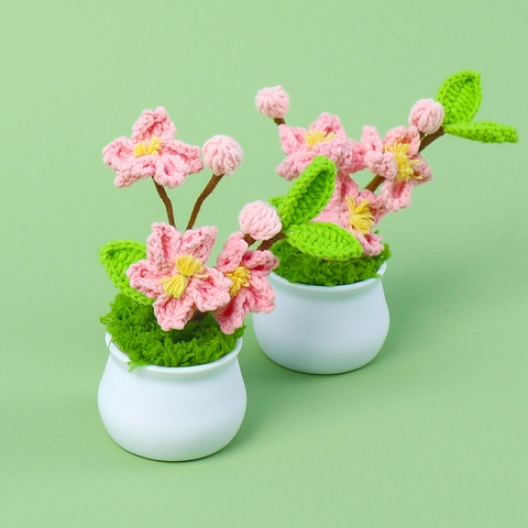 Handmade Crochet Cherry Blossom Potted Plant Artificial Yarn Flower Bonsai For Home Office Desk Decor Aesthetic Gift