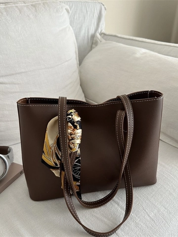 Grote PU Leren Tote Bag Met Satijnn Sjaal Decor Contraststiksels Forenzen Kantoor Handtas Voor Dames