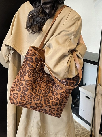 Borsa Tote Con Stampa Leopardata Pelle PU Grande Capacità Borsa A Tracolla Per Donna Stile Moda Retro Casual