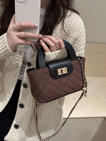 Dames Koreaanse Gewatteerde Ruit Schoudertas Vintage Ketting Handtas PU Leer Splicing Crossbody Tas Met Metalen Slot Sluiting