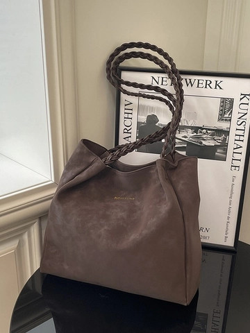 Borsa Tote da Donna Grande Capacità Minimalista in Pelle PU Texture Scamosciata Borsa a Spalla Con Manico Intrecciato Vintage