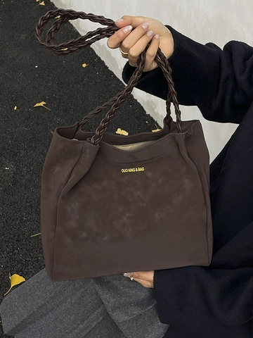 Borsa Tote da Donna Grande Capacità Minimalista in Pelle PU Texture Scamosciata Borsa a Spalla Con Manico Intrecciato Vintage