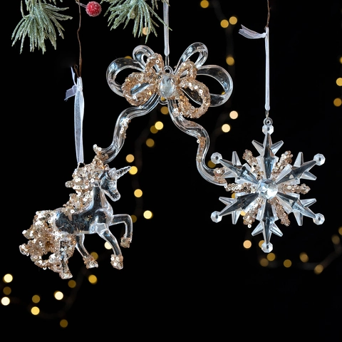 Clear Acrylic Christmas Ornaments With Gold Sequins Transparent Snowflake Reindeer Pendant For Tree Home Decoration