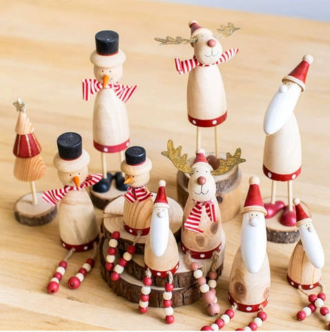 Nordic Vintage Christmas Wooden Ornaments Wood Santa Snowman Tabletop Decoration For Home Party Office Scene Layout Props Decor