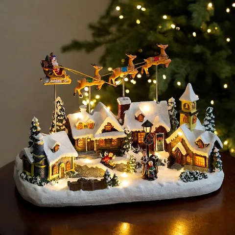 Villaggio Di Natale Luminoso Musicale Resina Plastica Treno Rotante Casa Di Neve Ornamento Da Scrivania Decorazione LED