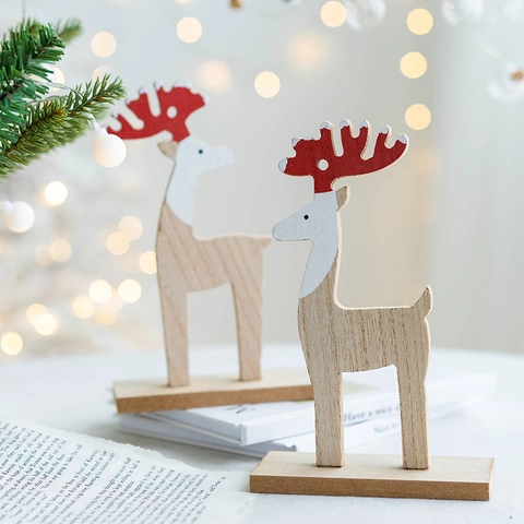 Christmas Wooden Reindeer Desktop Decoration Nordic Style Reindeer Ornament With Wood Base For Home Table Party Decor Gift