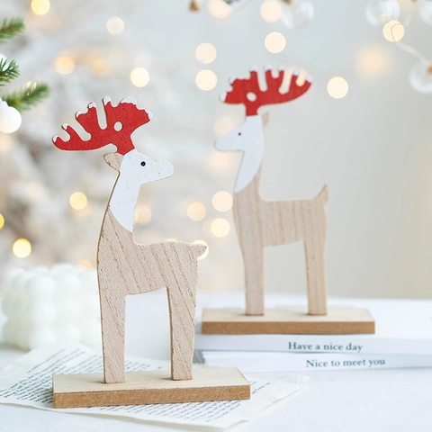 Christmas Wooden Reindeer Desktop Decoration Nordic Style Reindeer Ornament With Wood Base For Home Table Party Decor Gift
