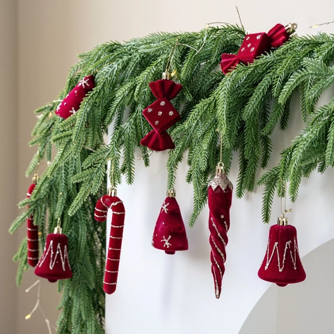 Adornos de Navidad Flocados Borgoña Brillo Copo de Nieve Campana Bastón de Caramelo Árbol Piña Decoraciones Colgantes Fiesta Hogar