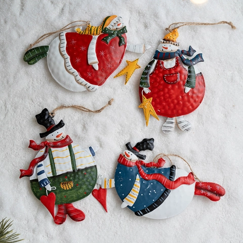 Vintage Orecchini Pendenti di Natale a Forma di Pupazzo di Neve in Ferro Dipinto Ornamento in Metallo a Doppia Faccia per Albero Casa