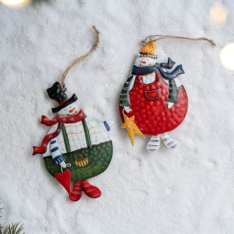 Vintage Orecchini Pendenti di Natale a Forma di Pupazzo di Neve in Ferro Dipinto Ornamento in Metallo a Doppia Faccia per Albero Casa