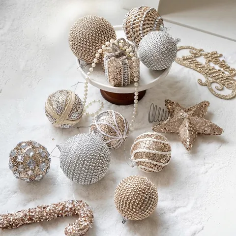 Champagner Gold Silber Weihnachtskugeln Schaumstoff Strass Glitzer Weihnachtsbaum Anhänger Feiertag Party Deko