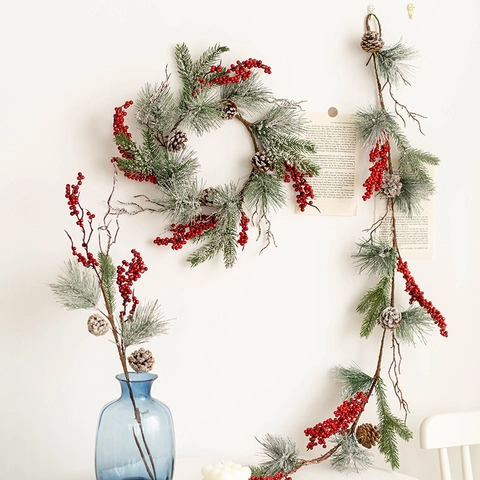 Artificial Christmas Wreath Garland Red Berry Pine Cone Snowy Pine Needle Door Window Wall Hanging Nordic Winter Decor