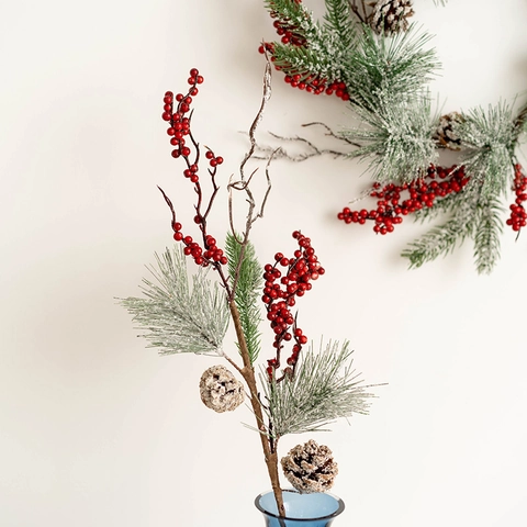 Artificial Christmas Wreath Garland Red Berry Pine Cone Snowy Pine Needle Door Window Wall Hanging Nordic Winter Decor